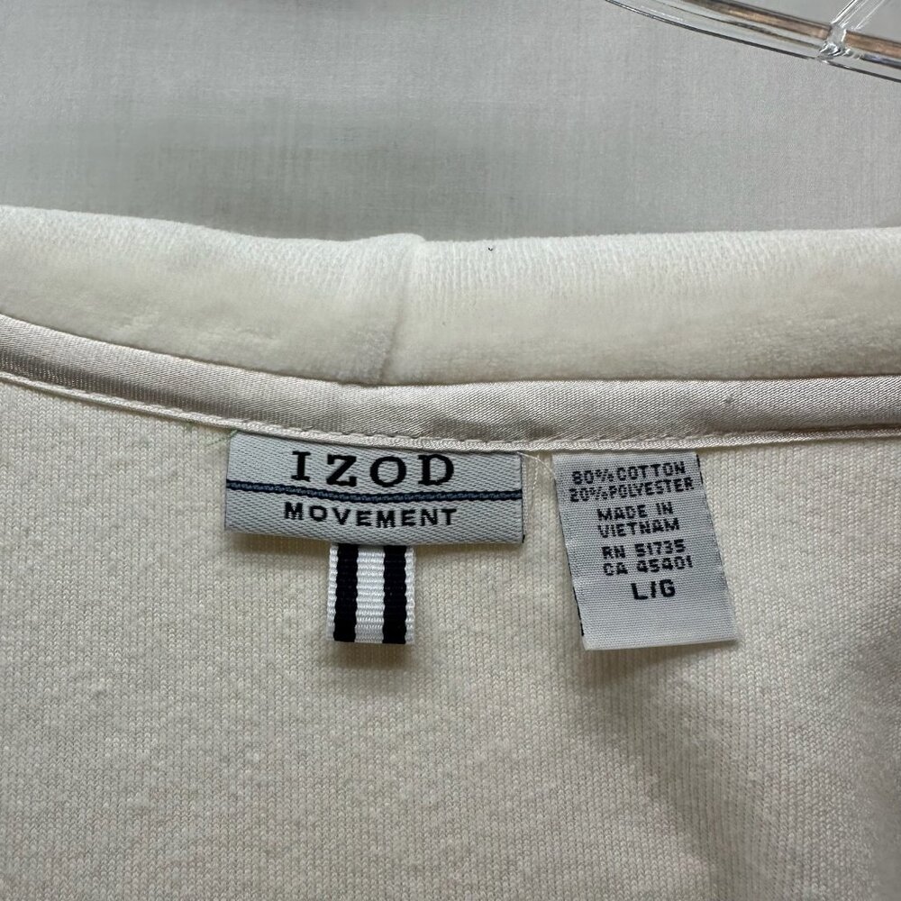 Izod Movement Velour Full-zip Hooded Sweatshirt Women L Stretch Pocket Off White - Picture 12 of 12